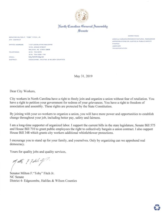 Senator Fitch Letter to City Workers - UE Local 150