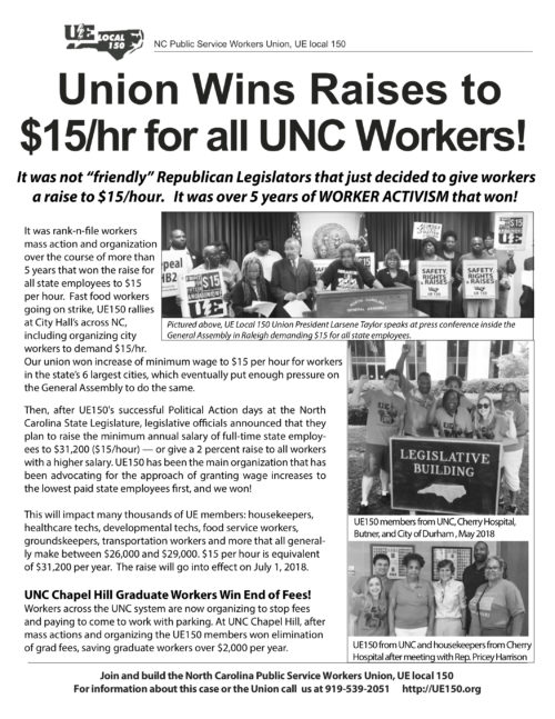 North Carolina Public Workers Union, UE Local 150, Newsletter titled "Union Wins Raises to $15/hr for all UNC Workers!"