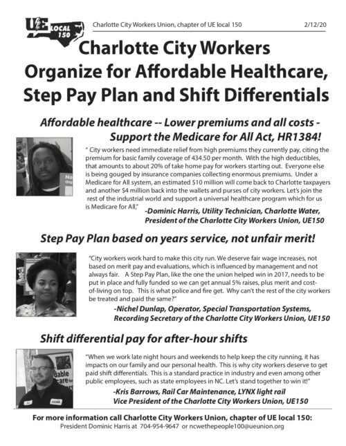 Charlotte City Workers Union's Newsletter (March 2020) titled - "Charlotte City Workers Organize for Affordable Healthcare, Step Pay Plan and Shift Differentials"